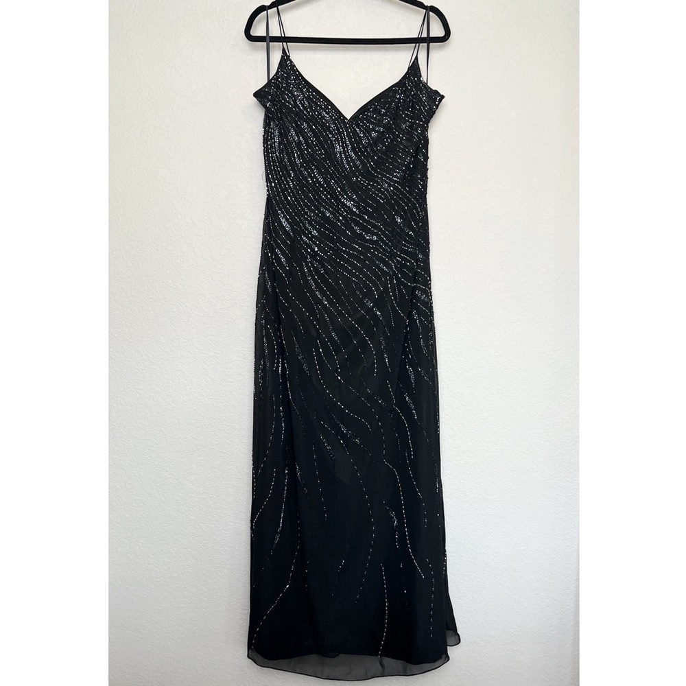 CATERINA by‎ JORDAN Ombré Beaded Sleeveless V-Neck Black Chiffon Maxi Gown 14
